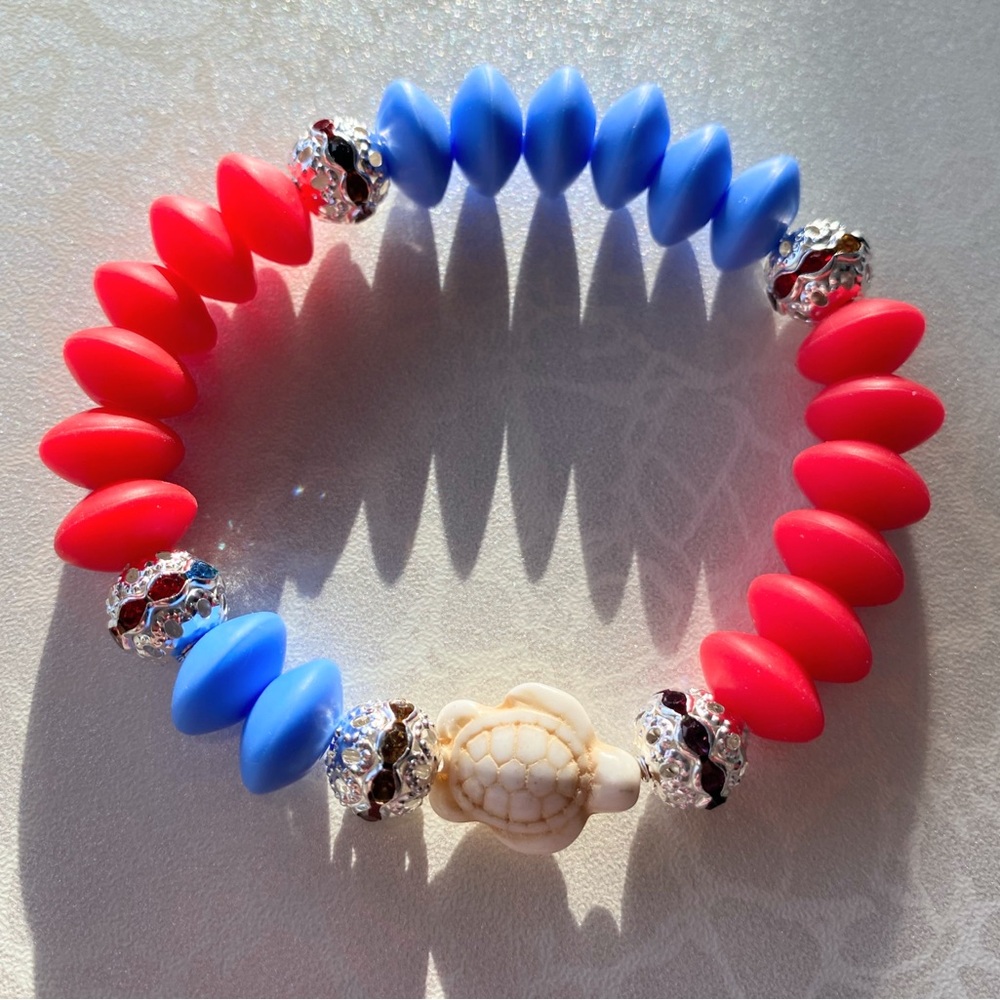 Red and Blue Beaded Bracelet with Turtle Charm